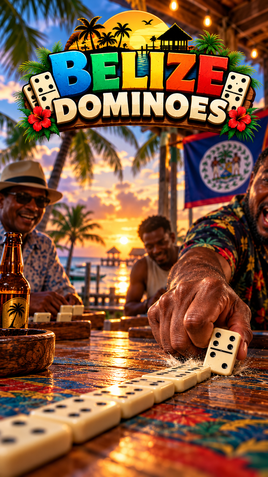 Belize Dominoes — friends playing dominoes at a tropical Belizean table